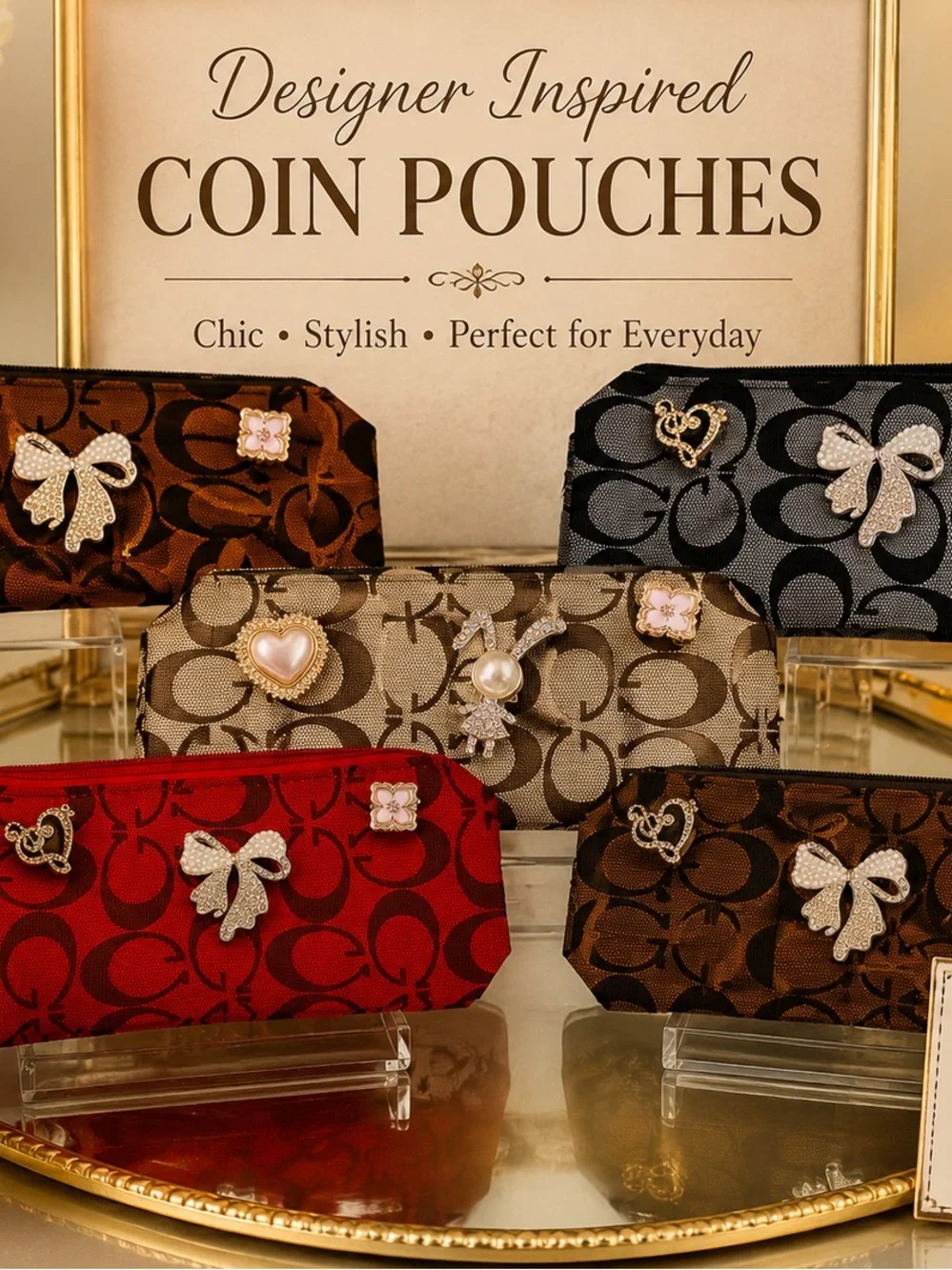 NWOT Designer Inspired Embellished Coin Pouch - Red, Brown, Black, Tan, Beige